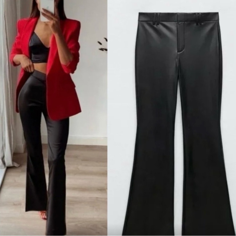 NWT ZARA FAUX LEATHER FLARED PANTS BLACK